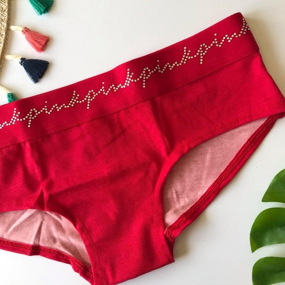 Victoria’s Secret PINK Script Logo Rhinestone Band Hipster Panty Red Small NEW - Picture 3 of 4